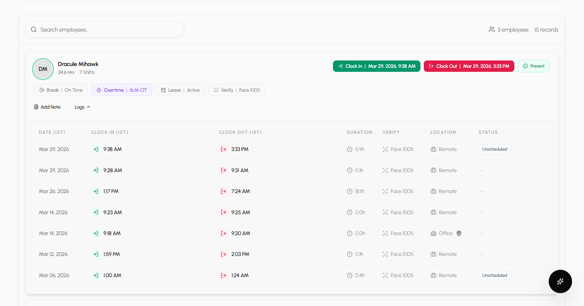 Attendance dashboard personal logs view