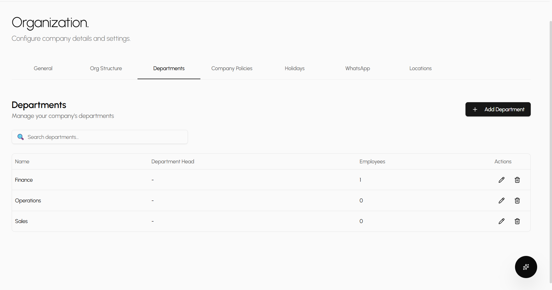 Departments list with department heads and headcount