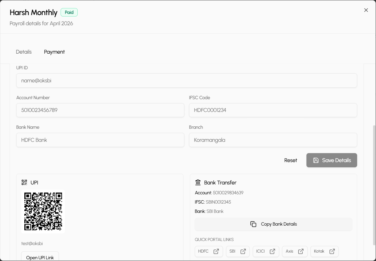 Payroll employee details card with earnings, deductions, and bank details