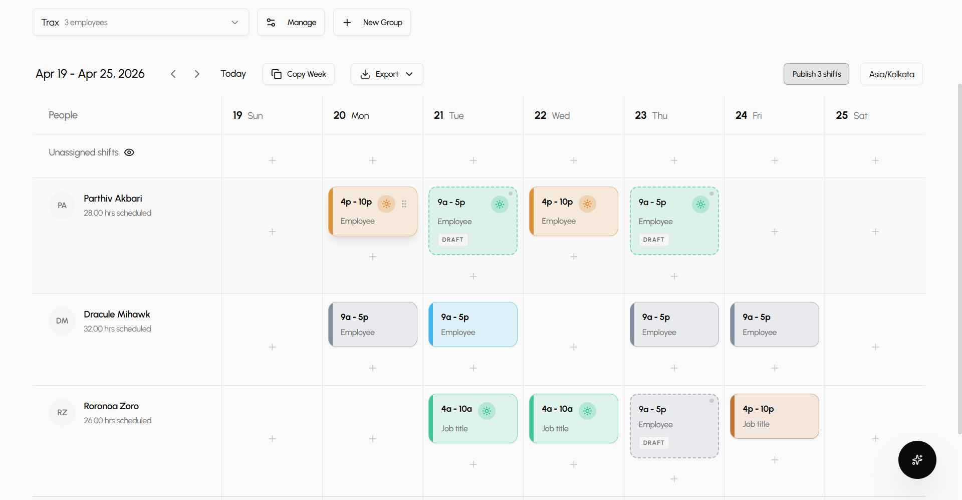 Schedule grid with leave block and conflict warning