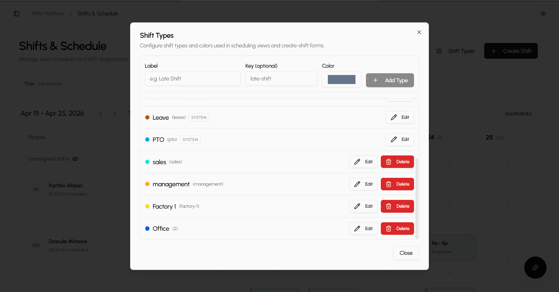 Scheduling grid organized by location with color codes