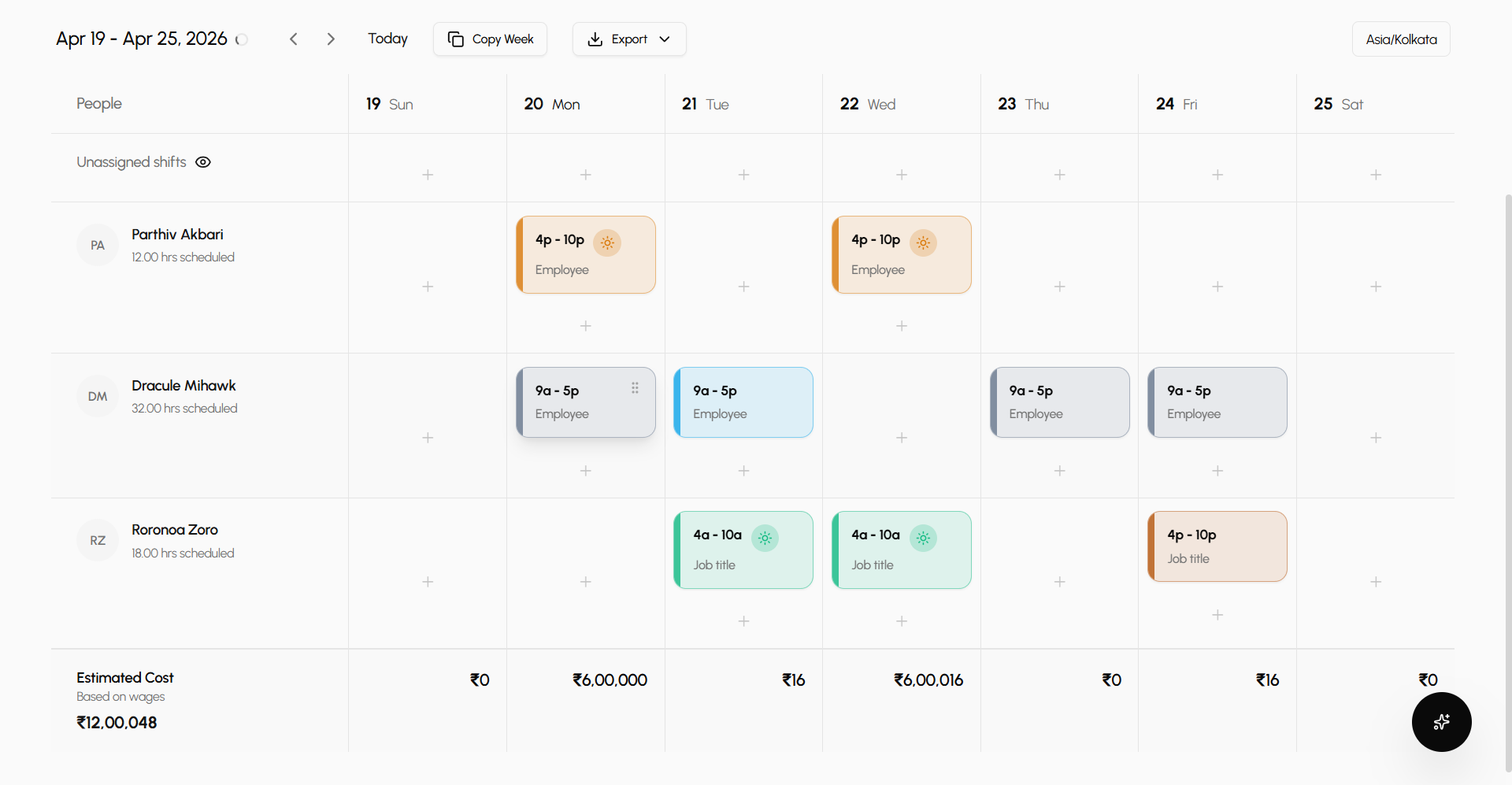 Weekly shift grid with color-coded shifts and total hours