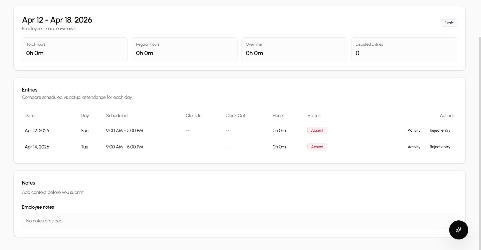 Detailed employee timesheet records